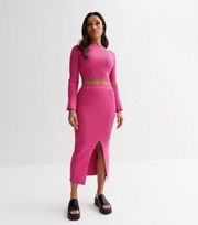 New Look Petite Mid Pink Knit Split Hem Midi Skirt